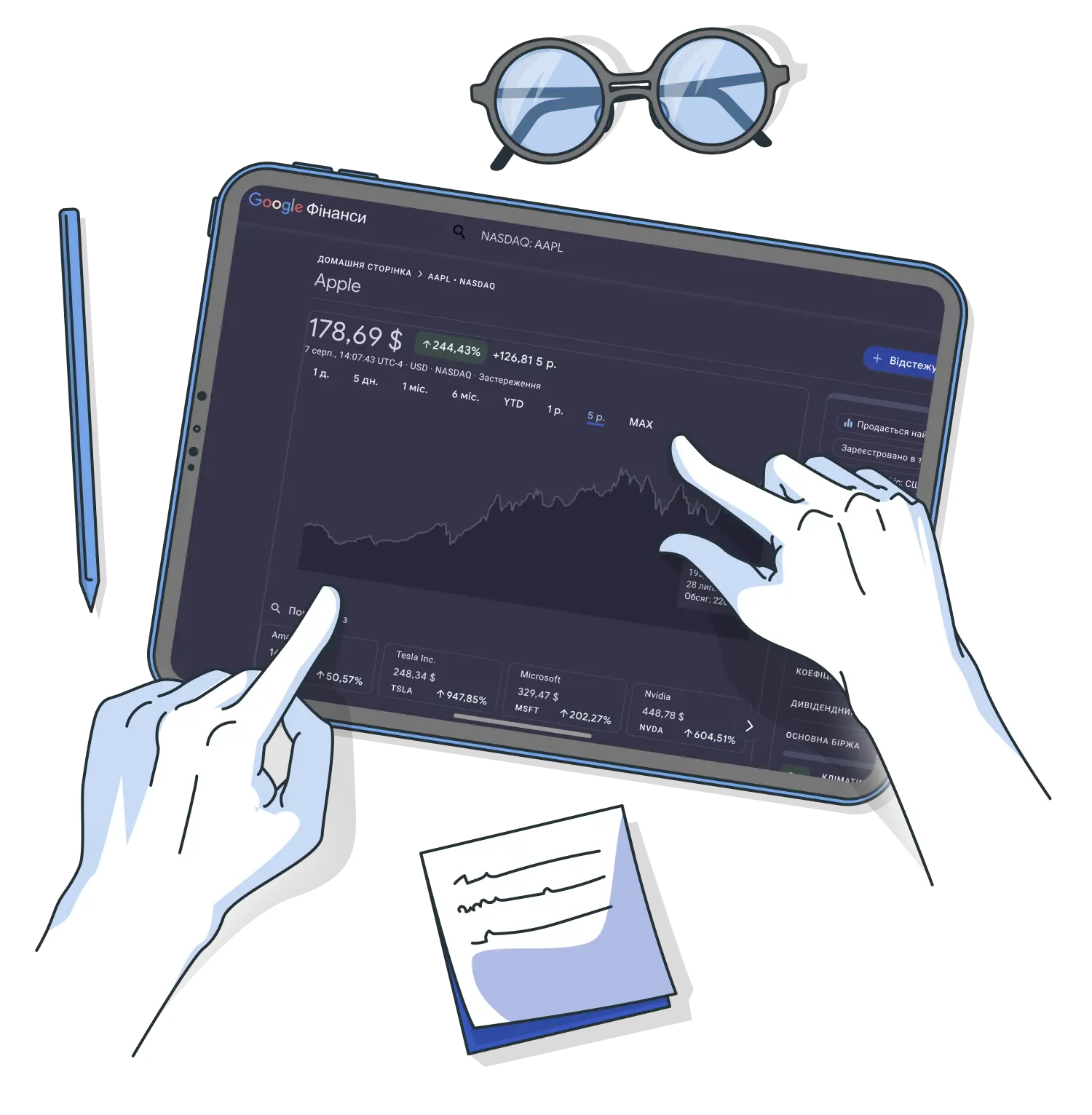 Планшет з графіком акцій компанії Еппл